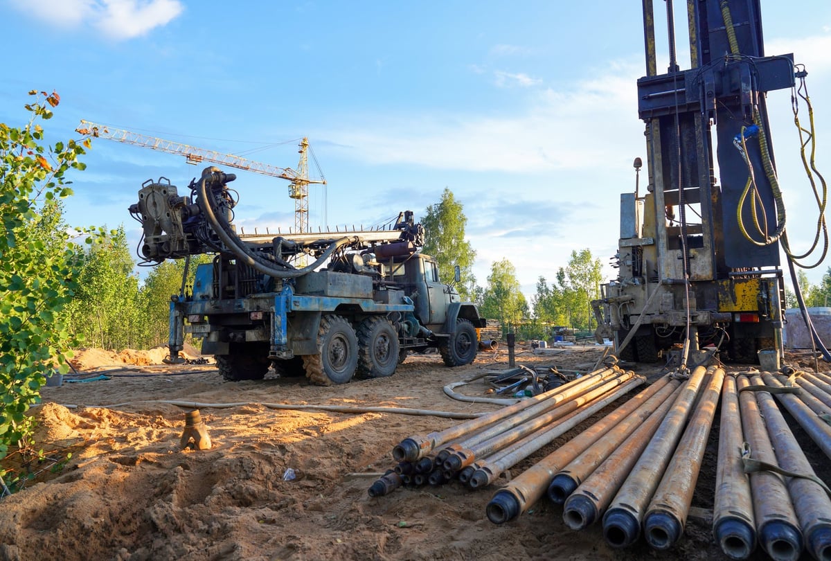 Deep foundation machine. Pile driver at construction site
