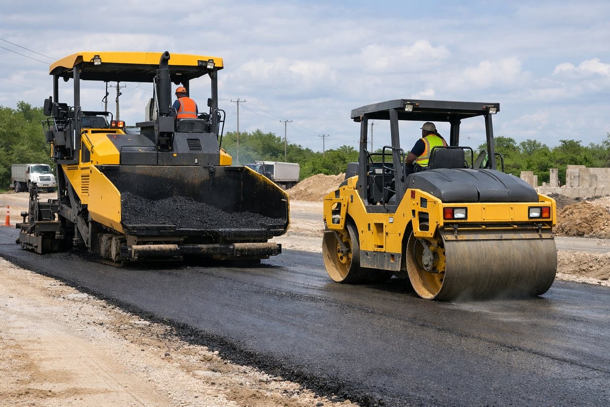 Two yellow and black asphalt rollers paving a road on a construction site with green vegetation in the background