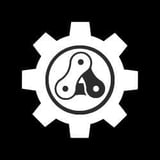 White gear icon with interconnected nodes inside circle on black background