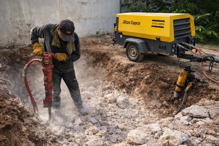 Construction worker operating pneumatic jackhammer on rubble pile with yellow compressor equipment visible