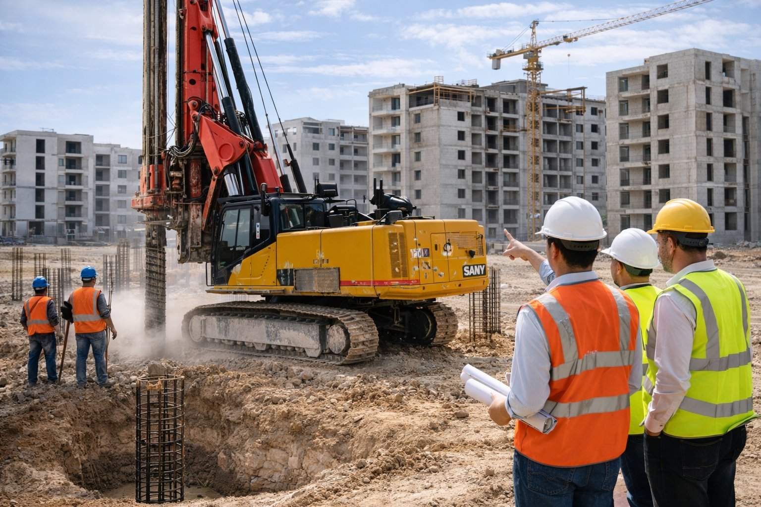Construction workers in safety gear observe a yellow drilling machine at an urban construction site with residential buildings in the background