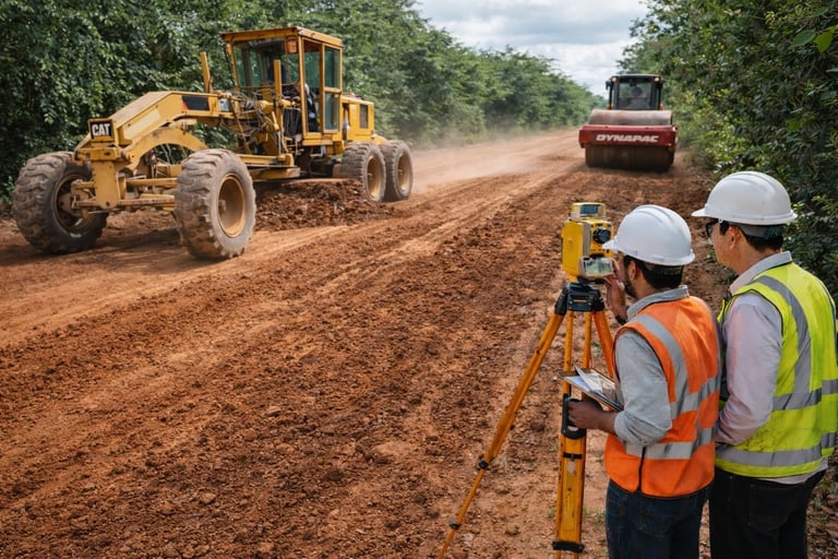 Construction workers with surveying equipment monitor heavy machinery grading a dirt road in a forested area