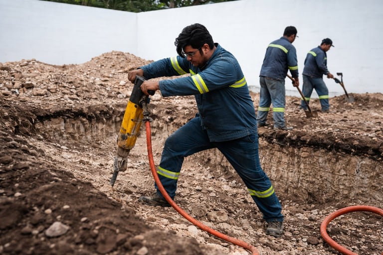 Construction workers in safety vests using jackhammers to break up concrete on a dirt site under a tent canopy