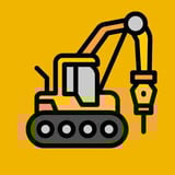 Icono de excavadora con brazo hidráulico sobre fondo amarillo